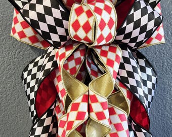 Harlequin Ribbon Bow – Red Black Gold Decorative Bow