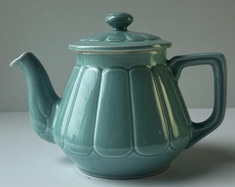 Vintage Turquoise Ceramic Teapot | Art Deco Style Ribbed Tea Pot | European Pottery