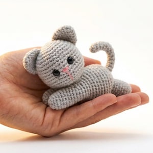 Può includere: Un piccolo giocattolo a forma di gatto all'uncinetto grigio con occhi neri e naso rosa. Il gatto fatto a mano è sdraiato, con la coda arricciata. Il gatto è tenuto nella mano di una persona. Il giocattolo è un oggetto carino, morbido e coccoloso.