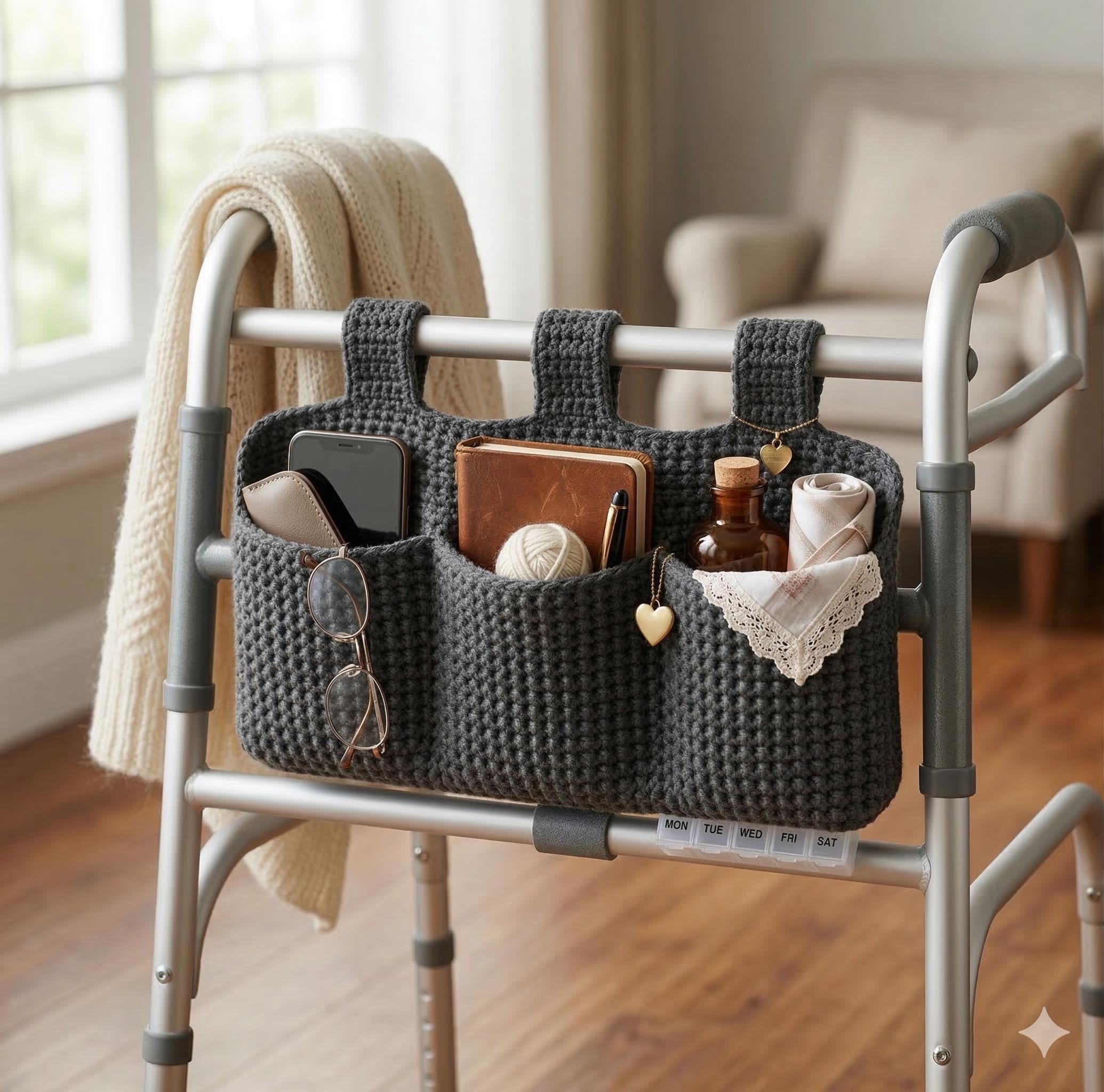 Easy Crochet Walker Caddy Pattern | 3-pocket Organizer PDF | Mobility ...