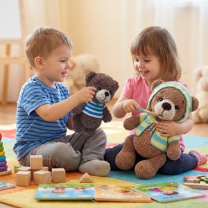 Puede incluir: Dos niños jugando con osos de peluche de ganchillo hechos a mano. Un oso es marrón con un suéter a rayas azules y blancas. El otro oso lleva una chaqueta con capucha con rayas azules y amarillas. Los niños están sentados en una alfombra colorida.