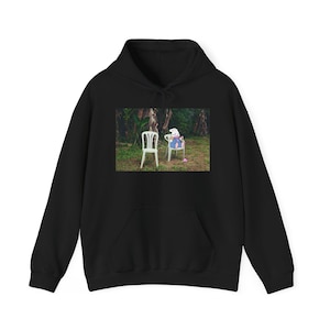 May include: Black hooded sweatshirt with a front pocket and drawstring. The image on the front depicts a cartoon bunny sitting in a chair, with another chair beside it, set in a natural outdoor scene. The bunny is wearing a blue dress.