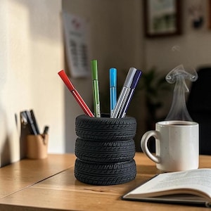 May include: A black tire-shaped pen holder filled with red, green, blue, and purple pens. A white mug with steam rising from it sits next to an open book on a wooden desk. A small wooden pen holder is in the background.