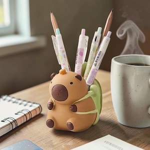 May include: A whimsical desk organizer shaped like a cartoon capybara, holding pens and pencils. The brown and tan organizer has a green backpack and holds various pens and pencils. A notebook and a mug of coffee are in the background.