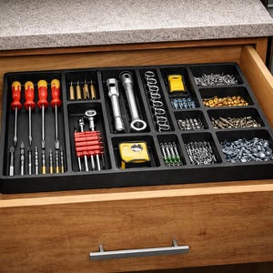 Może przedstawiać: Drewniana szuflada z czarną tacą organizacyjną wypełnioną narzędziami i osprzętem. Taca zawiera śrubokręty, klucze, gniazda i różne śruby i śruby. Śrubokręty mają czerwono-żółte uchwyty. Widoczna jest również żółta miarka.