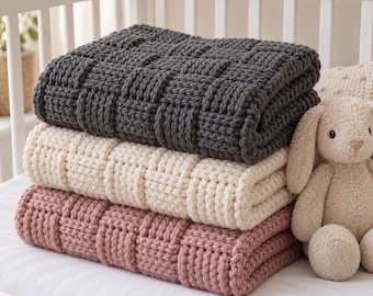 Charcoal Basket Weave Bassinet Blanket Crochet Pattern | Textured Baby Blanket | 6 Sizes Security to Crib | Nursery | PDF Instant Download