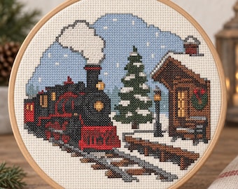 Christmas Train Station Cross Stitch Pattern | Christmas Cross Stitch | Snowy Steam Engine | PDF Pattern | Instant Download | Train Pattern