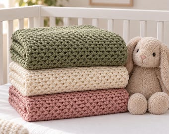 Häkelanleitung für eine moosgrüne Leinen-Kuscheldecke | Strukturierte Babydecke | 6 Größen | Geeignet fürs Kinderbett | Geschenk zur Babyparty | PDF-Download
