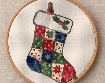 Patchwork Stocking Cross Stitch Pattern | Christmas Cross Stitch | Primitive Christmas | PDF Pattern | Instant Download | Large Print Chart