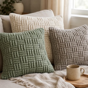 May include: Three square throw cushions featuring a textured basketweave crochet pattern. The cushions are coloured in cream, sage green, and taupe. Each cushion has a uniform, thick yarn construction with a repeating grid design across the surface.