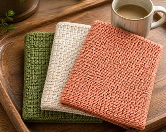 May include: Three rectangular, folded dishcloths featuring a textured, waffle-knit pattern. The cloths are coloured in olive green, cream, and terracotta orange. Each cloth is neatly stacked, showcasing the consistent grid-like weave of the fabric.