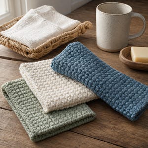 May include: A stack of three rectangular crocheted washcloths in sage green, cream, and slate blue, featuring a textured bobble stitch pattern. A woven basket holds a folded cream cloth, alongside a speckled ceramic mug and a bar of soap.