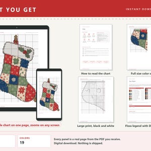 Patchwork Stocking Cross Stitch Pattern | Christmas Cross Stitch | Primitive Christmas | PDF Pattern | Instant Download | Large Print Chart image 2