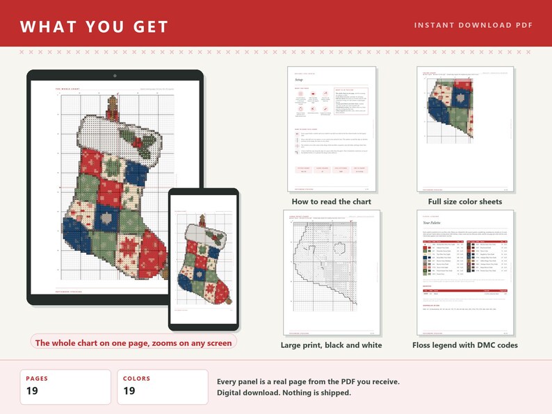 Patchwork Stocking Cross Stitch Pattern | Christmas Cross Stitch | Primitive Christmas | PDF Pattern | Instant Download | Large Print Chart image 2