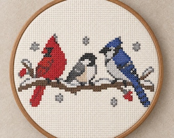Three Winter Birds Cross Stitch Pattern | Christmas Cross Stitch | Christmas Cardinal Chickadee Jay | PDF Pattern | Instant Download