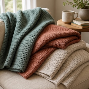 May include: A set of three folded blankets featuring a textured waffle-knit pattern in sage green, terracotta orange, and cream. The blankets are layered on top of each other, showcasing the consistent grid-like weave and the distinct color palette.