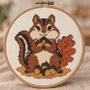 Chipmunk with Acorns Cross Stitch Pattern, Cute Fall Woodland Counted Chart PDF