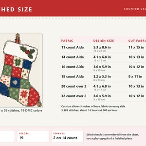 Patchwork Stocking Cross Stitch Pattern | Christmas Cross Stitch | Primitive Christmas | PDF Pattern | Instant Download | Large Print Chart image 3