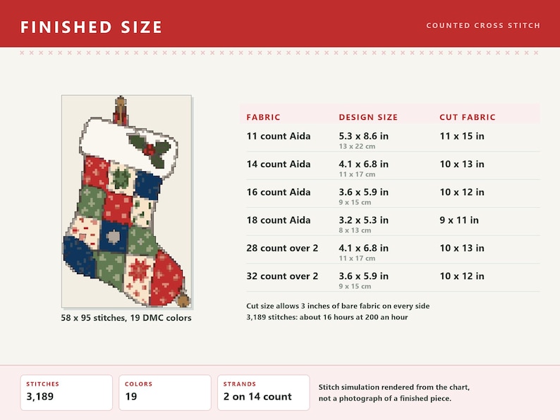 Patchwork Stocking Cross Stitch Pattern | Christmas Cross Stitch | Primitive Christmas | PDF Pattern | Instant Download | Large Print Chart image 3