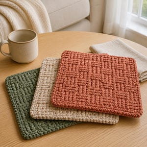 Puede incluir: Tres posavasos cuadrados tejidos a mano con un patrón de tejido de cesta texturizado. Los posavasos están apilados en una disposición escalonada, mostrando tres colores distintos: verde oliva oscuro, crema suave y naranja terracota cálido.