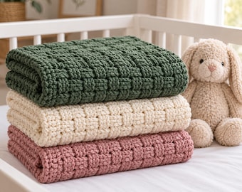 Pine Green Basket Weave Security Blanket Crochet Pattern | Textured Baby Blanket | 6 Sizes Security to Crib | PDF Download