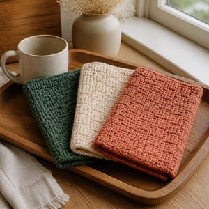 Puede incluir: Tres paños de lavado rectangulares y plegados con un patrón de rejilla texturizado en verde oscuro, crema y naranja terracota. Los paños están dispuestos uno al lado del otro en una bandeja de madera junto a una taza de cerámica y un jarrón.