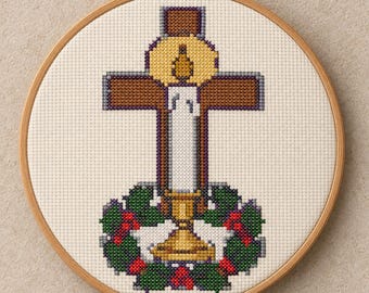Candle and Cross Cross Stitch Pattern | Christmas Cross Stitch | Advent Holly | PDF Pattern | Instant Download | Large Print Chart