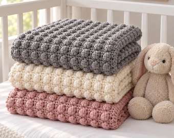 Storm Gray Bobble Throw Blanket Crochet Pattern | Textured Baby Blanket | 6 Sizes Lovey to Crib | Cozy Throw | PDF Instant Download