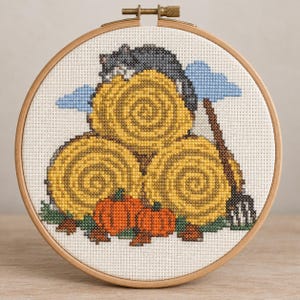Barn Cat on Hay Bales Cross Stitch Pattern, Fall Farm Counted Chart PDF