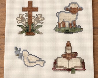 Faith Emblems Mini Cross Stitch Pattern Set of 4 | Bible Verse Cross Stitch | Cross Lamb Dove Bible | PDF Pattern | Instant Download