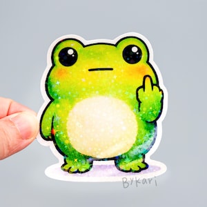 Middle Finger Frog Sticker, Waterproof Chibi Animal Decal, Chubby Cute Funny Frog Decor, Laptop Kawaii Meme for Adult, Green Sassy Gift