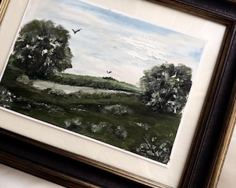 A few deffodils, Original Oil Pastel Landscape Drawing ready to hang, wall decoration