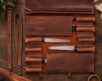 Personalized Full-Grain Leather Knife Roll, Chef Roll Bag, Artisan Crafted Organizer