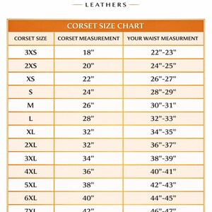 May include: A corset size chart from Vellarro Leathers. The chart lists corset sizes from 3XS to 7XL, with corresponding corset measurements in inches and waist measurements in inches. The chart is on a white background.