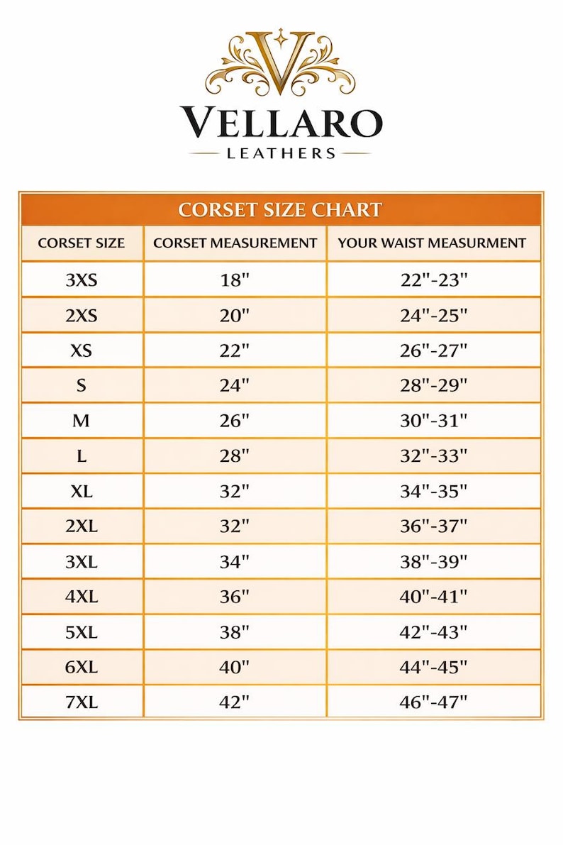May include: A corset size chart from Vellarro Leathers. The chart lists corset sizes from 3XS to 7XL, with corresponding corset measurements in inches and waist measurements in inches. The chart is on a white background.