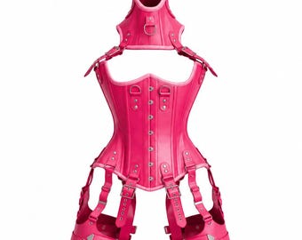 Real Leather Overbust Corset;Steel Boned,Lace-Up Front -Pink Corset | Gift for Her