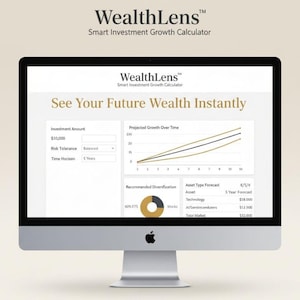 May include: A silver iMac computer displays the WealthLens Smart Investment Growth Calculator. The screen shows a graph of projected growth over time, investment details, and asset type forecasts. The text "See Your Future Wealth Instantly" is prominent.