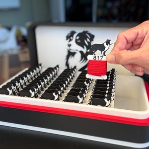 DMC Numbered Bobbin Set – 50 Most Popular DMC Colors – Durable Embroidery Floss Organizer with Slotted Storage Box in Border Collie Design