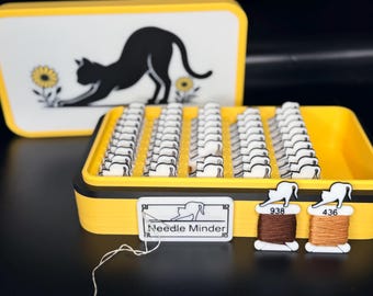 Stretching Cat DMC Numbered Bobbin Set – Custom Bobbins, Slotted Project Box with Needle Minder
