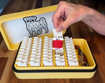 DMC Numbered Bobbin Set – 50 Most Popular DMC Colors – Durable Embroidery Floss Organizer with Slotted Storage Box in Pug Design