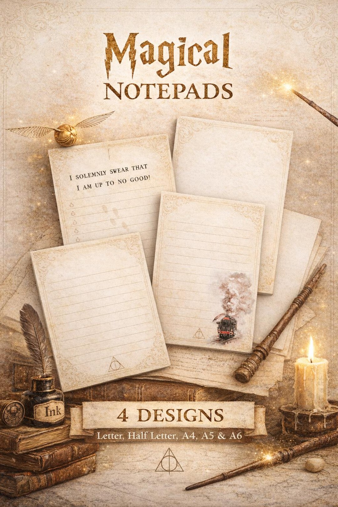 Wizard Note Pad Printable Magical Notepad Bundle | 20 Pages | Vintage Wizard Writing ...