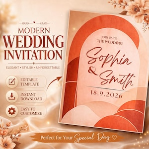 Op de afbeelding: Een moderne trouwuitnodiging met warme kleuren. Het ontwerp toont de woorden "Modern Wedding Invitation", de namen "Sophia & Smith" en de datum "18.9.2026". Het is een bewerkbare sjabloon en direct te downloaden.