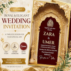 Editable Luxury Islamic Arch Wedding Invitation Mockup Bundle, Frame Phone Envelope Flat Lay Scene, Canva Template Digital Download Design