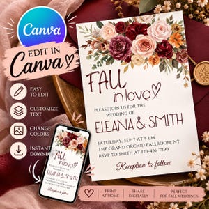 May include: A wedding invitation template featuring a floral arrangement of burgundy, peach, and orange roses at the top. The text reads Fall in love, Please join us for the wedding of Eleana & Smith, Saturday, Sep 7 at 5 PM, The Grand Orchid Ballroom, NY.