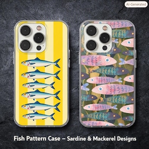 May include: Two smartphone cases featuring fish patterns. The left case has a yellow and white vertical striped background with six blue and silver fish. The right case displays a dense, overlapping pattern of colorful, stylized fish in pink, blue, and green.