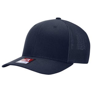 May include: Navy blue baseball cap with a curved brim and mesh back. The cap features a structured front panel and a small button on top. A tag is visible on the brim.