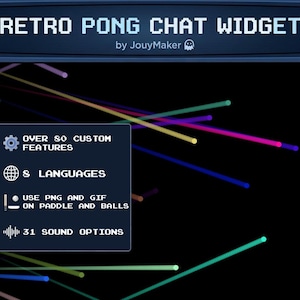 May include: A digital graphic advertising a "Retro Pong Chat Widget." The top banner reads "Retro Pong Chat Widget" with the creator's name. A sidebar lists features: over 80 custom features, 8 languages, use of PNG and GIF, and 31 sound options.