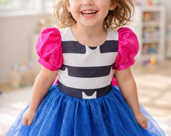 Gabby Dollhouse Cosplay Kleid : Rosa Puffärmel Blau Tüll Prinzessinnen Kostüm für Geburtstagsparty