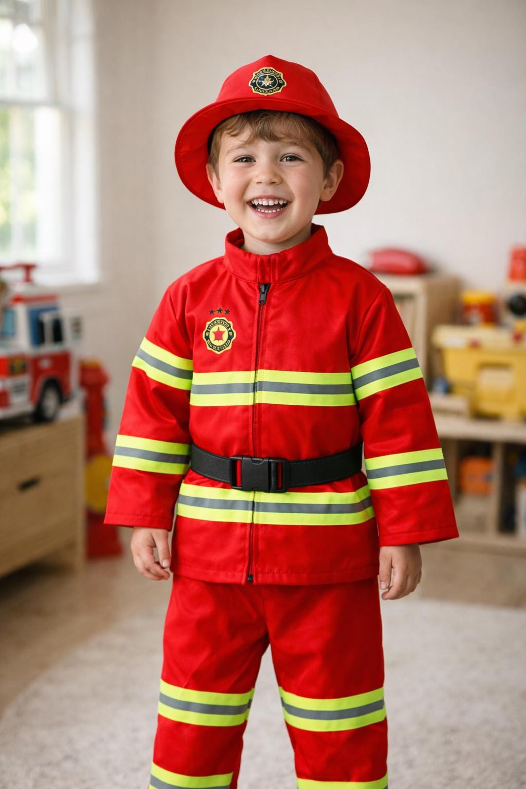 Costume Da Pompiere Per Bambino Taglia 5-6 Anni - Completo Carnevale Con Cappello, Giacca E Pantaloni Rossi