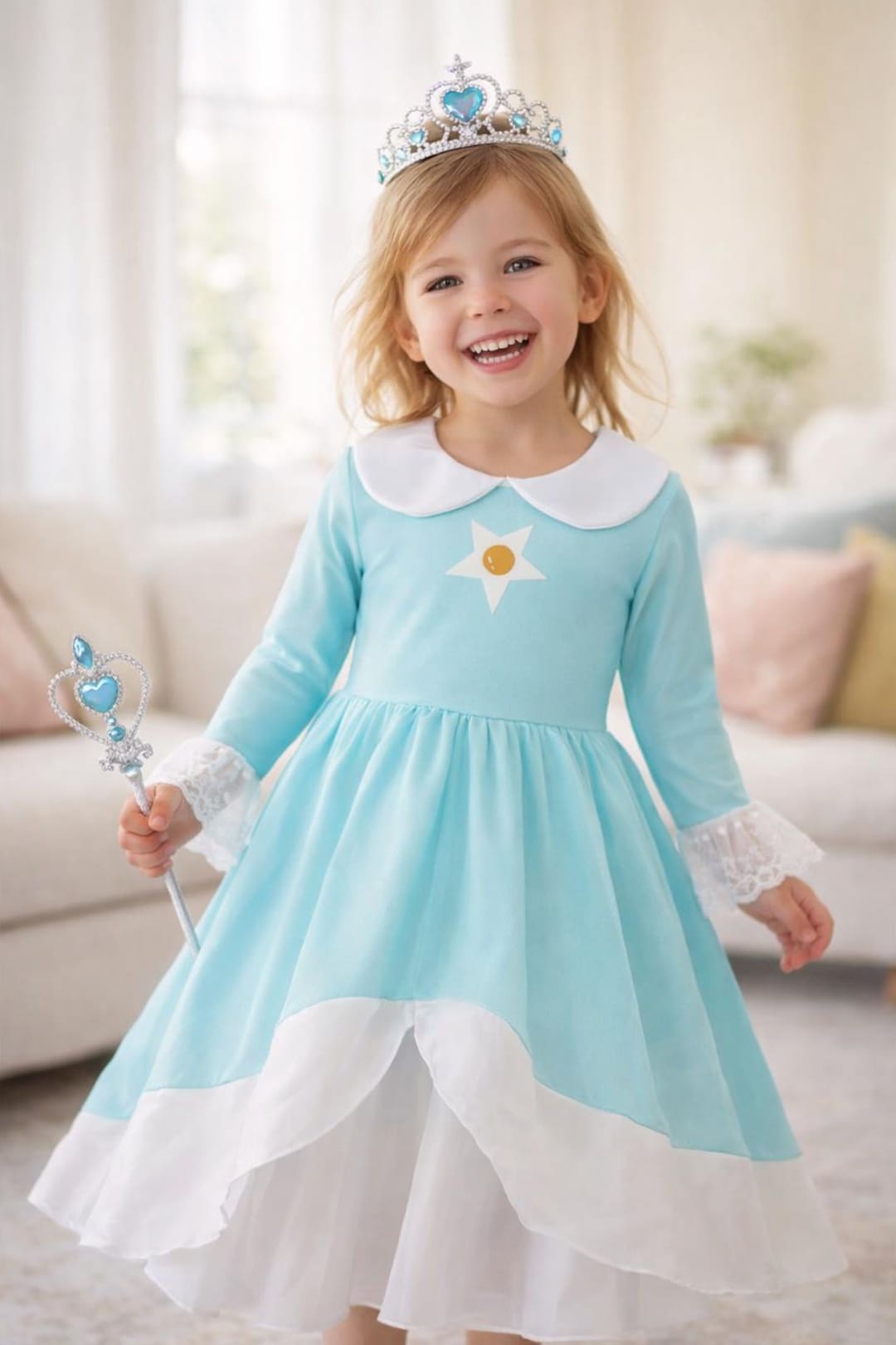 Princess Rosalina Inspired Dress for Girls Light Blue Halloween Costume Princess Peach Cosplay Outfit Princess Rosalina Inspired Dress for Girls Light Blue Halloween Costume Princess Peach Cosplay Outfit